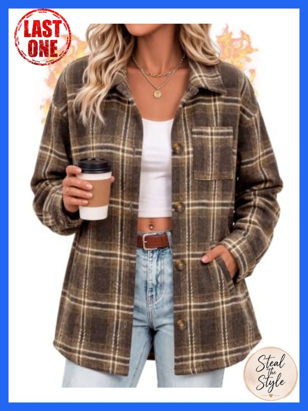 Women Flannel Plaid Shacket Oversized Button Down Jacket